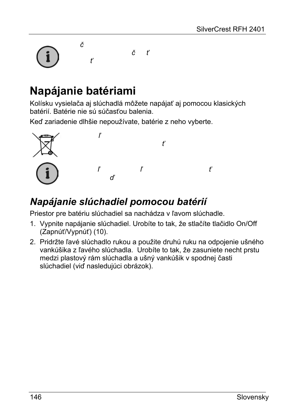 Napájanie batériami, Napájanie slúchadiel pomocou batérií | Silvercrest RFH 2401 User Manual | Page 148 / 183