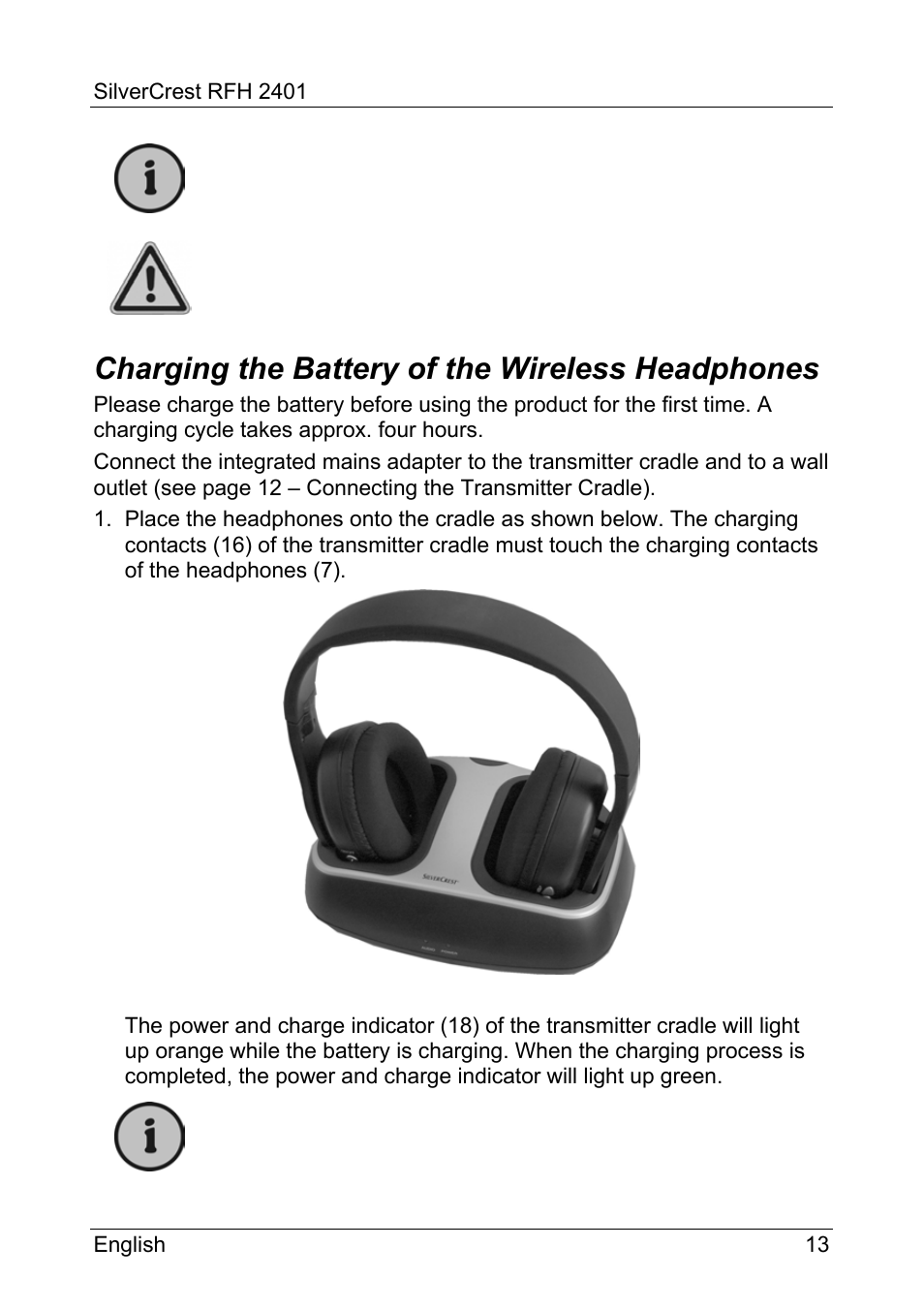 Charging the battery of the wireless headphones | Silvercrest RFH 2401 User Manual | Page 15 / 183