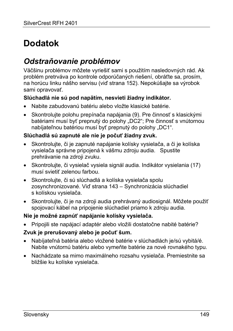 Dodatok, Odstraňovanie problémov | Silvercrest RFH 2401 User Manual | Page 151 / 183