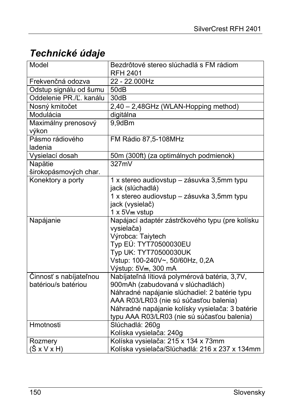 Technické údaje | Silvercrest RFH 2401 User Manual | Page 152 / 183