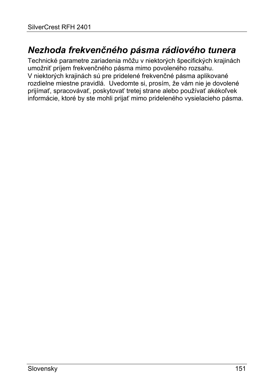 Nezhoda frekvenčného pásma rádiového tunera | Silvercrest RFH 2401 User Manual | Page 153 / 183