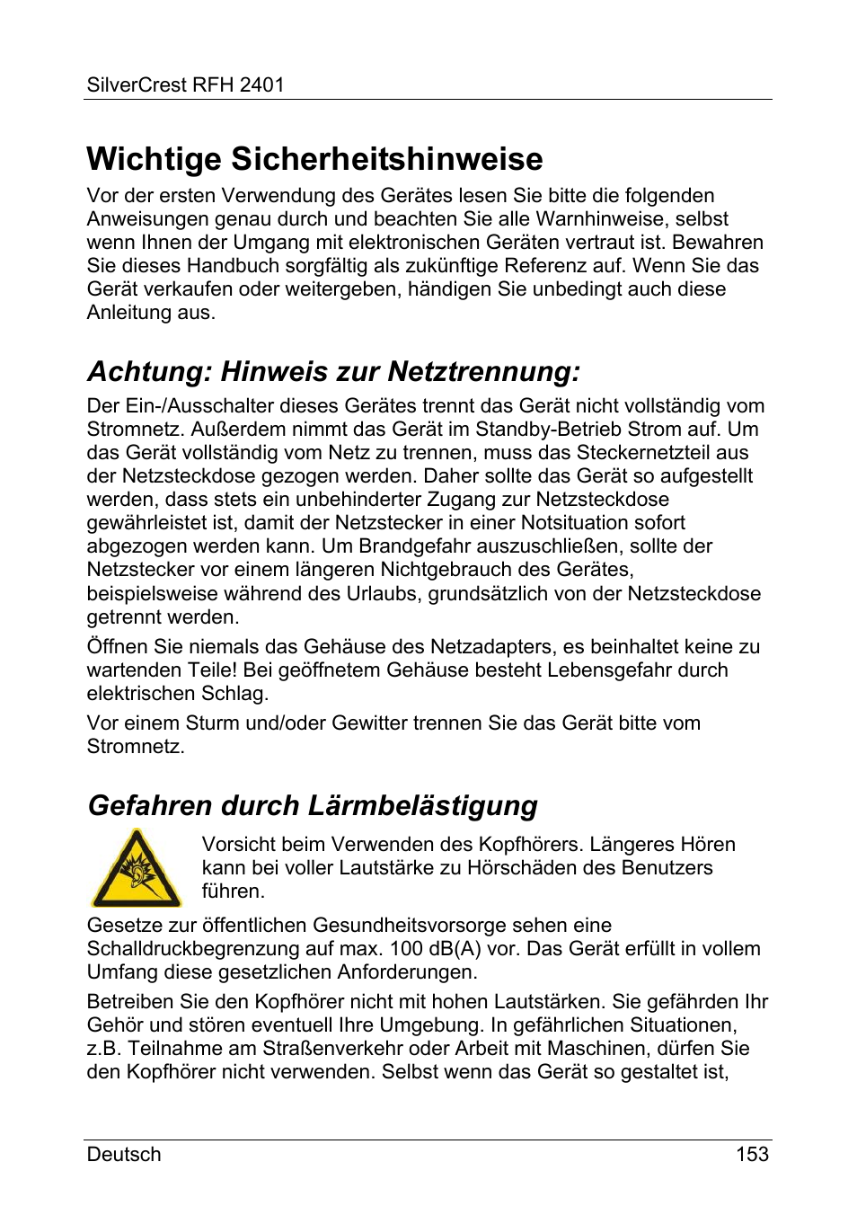Wichtige sicherheitshinweise, Achtung: hinweis zur netztrennung, Gefahren durch lärmbelästigung | Silvercrest RFH 2401 User Manual | Page 155 / 183