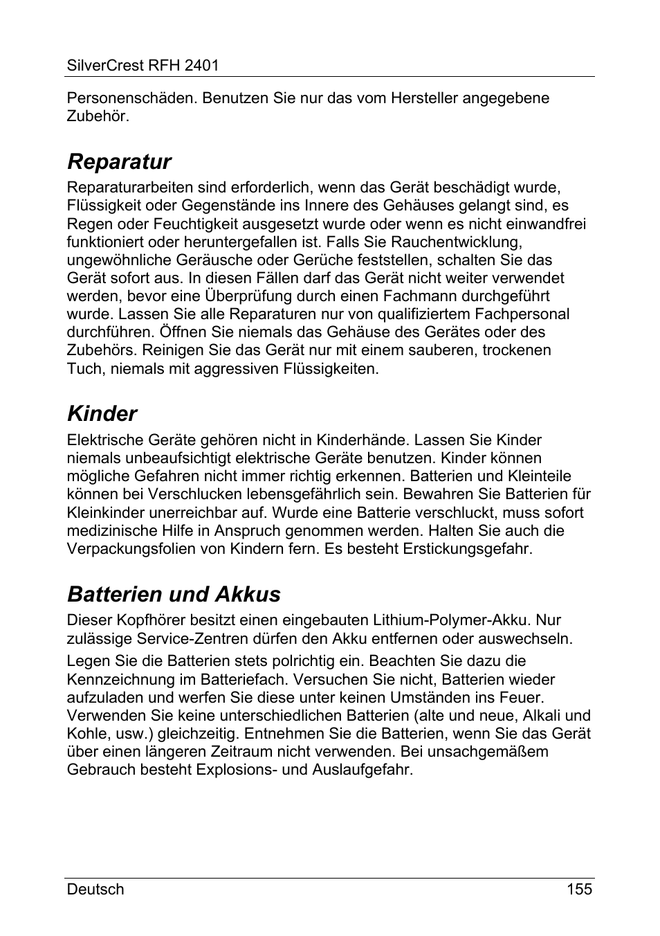 Reparatur, Kinder, Batterien und akkus | Silvercrest RFH 2401 User Manual | Page 157 / 183