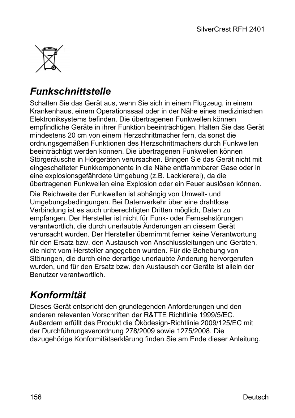 Funkschnittstelle, Konformität | Silvercrest RFH 2401 User Manual | Page 158 / 183