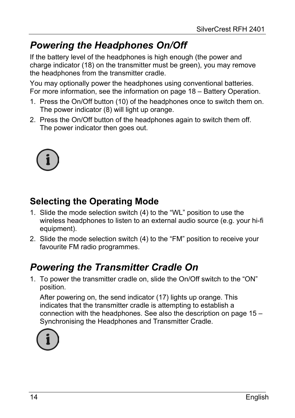 Powering the headphones on/off, Powering the transmitter cradle on, Selecting the operating mode | Silvercrest RFH 2401 User Manual | Page 16 / 183