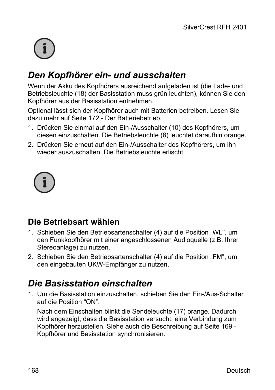 Den kopfhörer ein- und ausschalten, Die basisstation einschalten, Die betriebsart wählen | Silvercrest RFH 2401 User Manual | Page 170 / 183