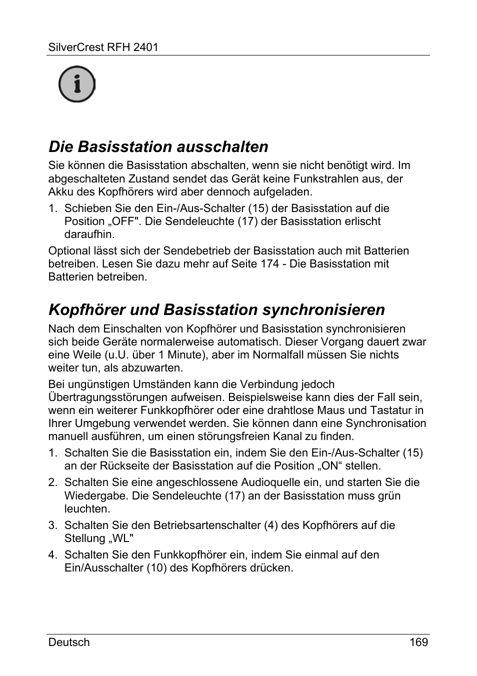 Die basisstation ausschalten, Kopfhörer und basisstation synchronisieren | Silvercrest RFH 2401 User Manual | Page 171 / 183