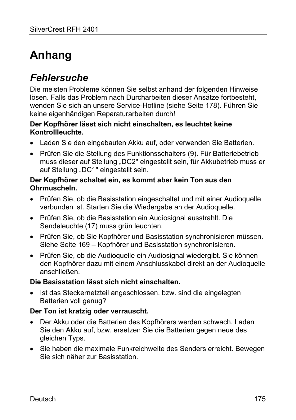 Anhang, Fehlersuche | Silvercrest RFH 2401 User Manual | Page 177 / 183