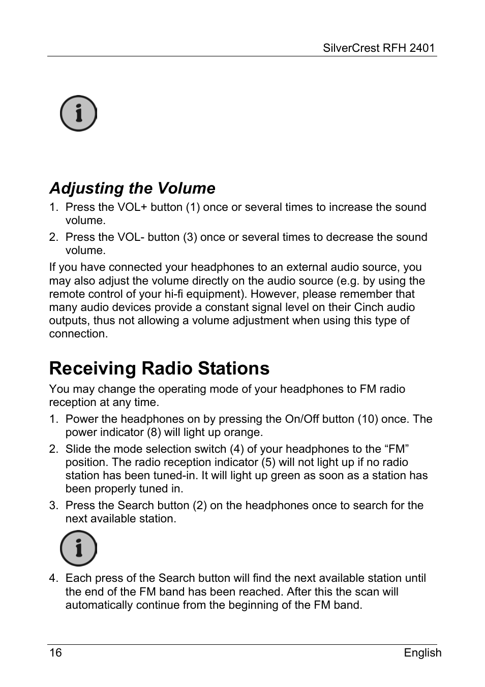 Receiving radio stations, Adjusting the volume | Silvercrest RFH 2401 User Manual | Page 18 / 183