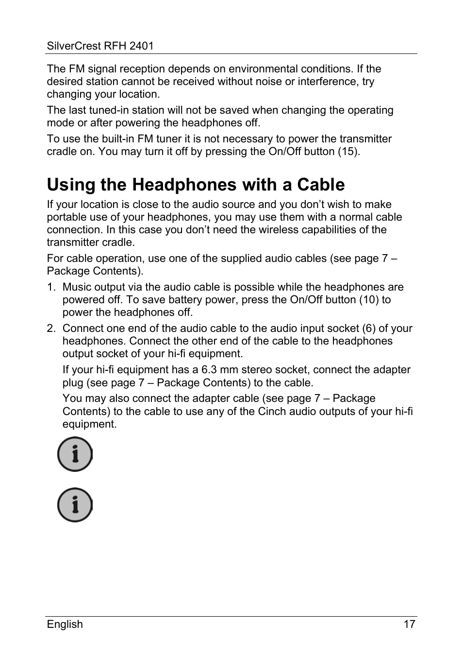 Using the headphones with a cable | Silvercrest RFH 2401 User Manual | Page 19 / 183