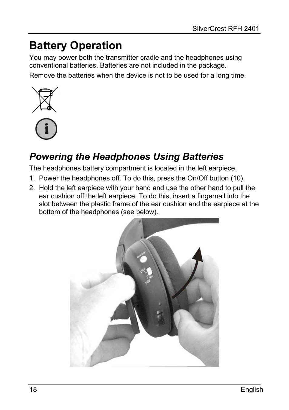 Battery operation, Powering the headphones using batteries | Silvercrest RFH 2401 User Manual | Page 20 / 183