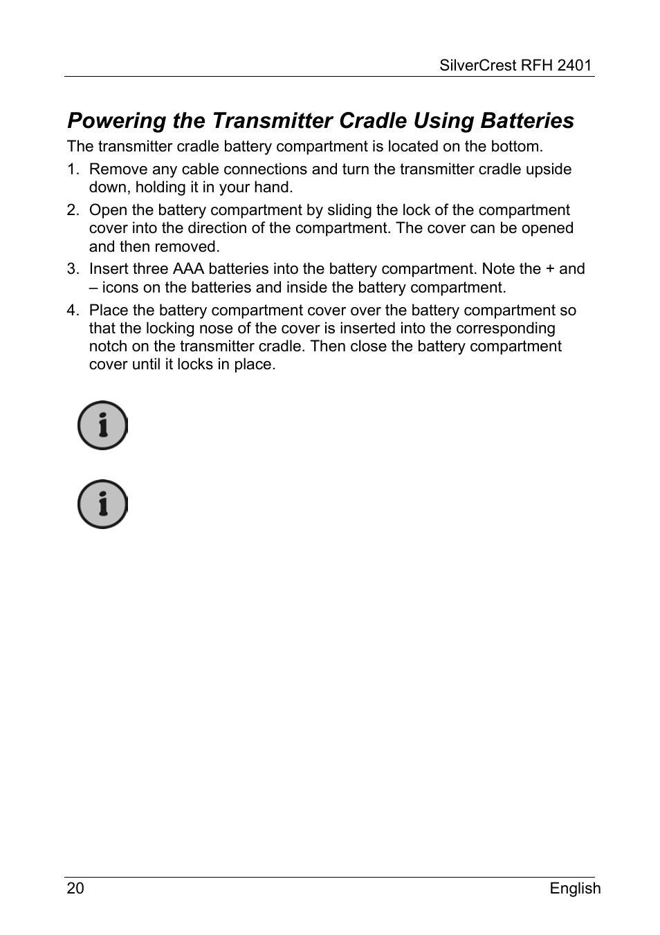 Powering the transmitter cradle using batteries | Silvercrest RFH 2401 User Manual | Page 22 / 183