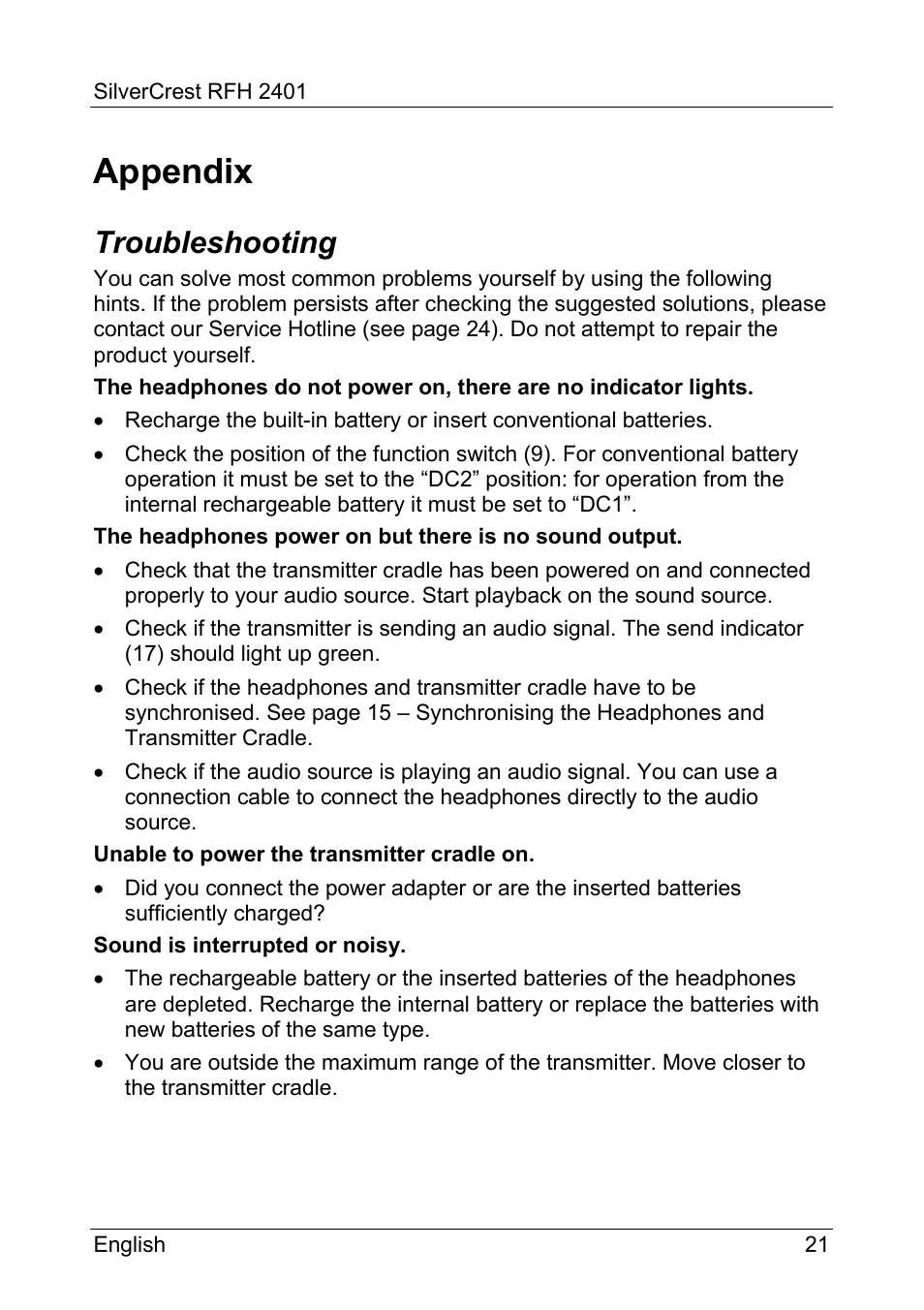 Appendix, Troubleshooting | Silvercrest RFH 2401 User Manual | Page 23 / 183