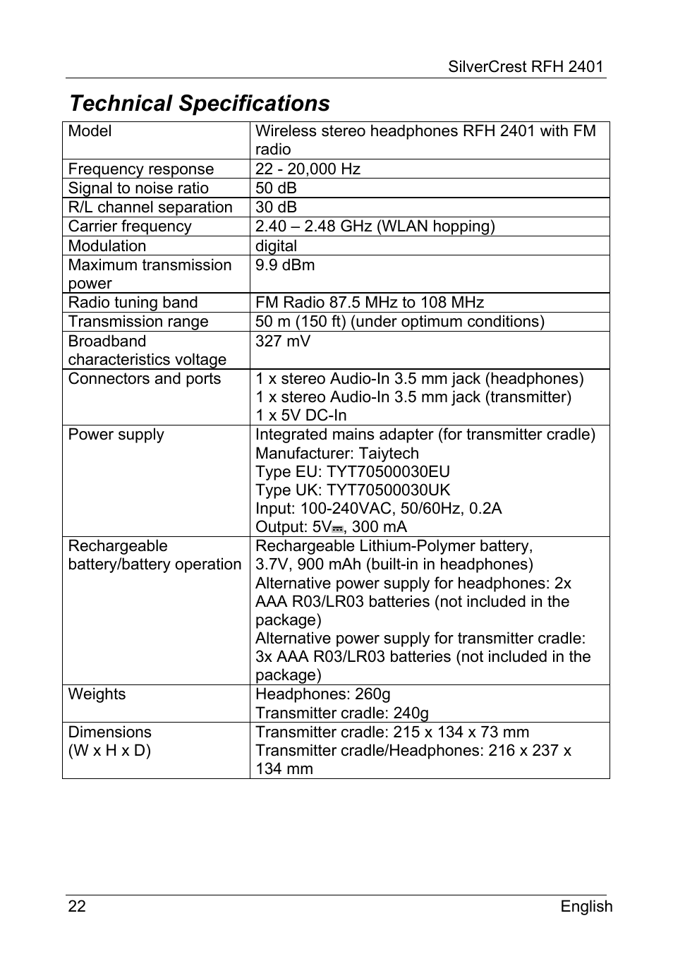 Technical specifications | Silvercrest RFH 2401 User Manual | Page 24 / 183