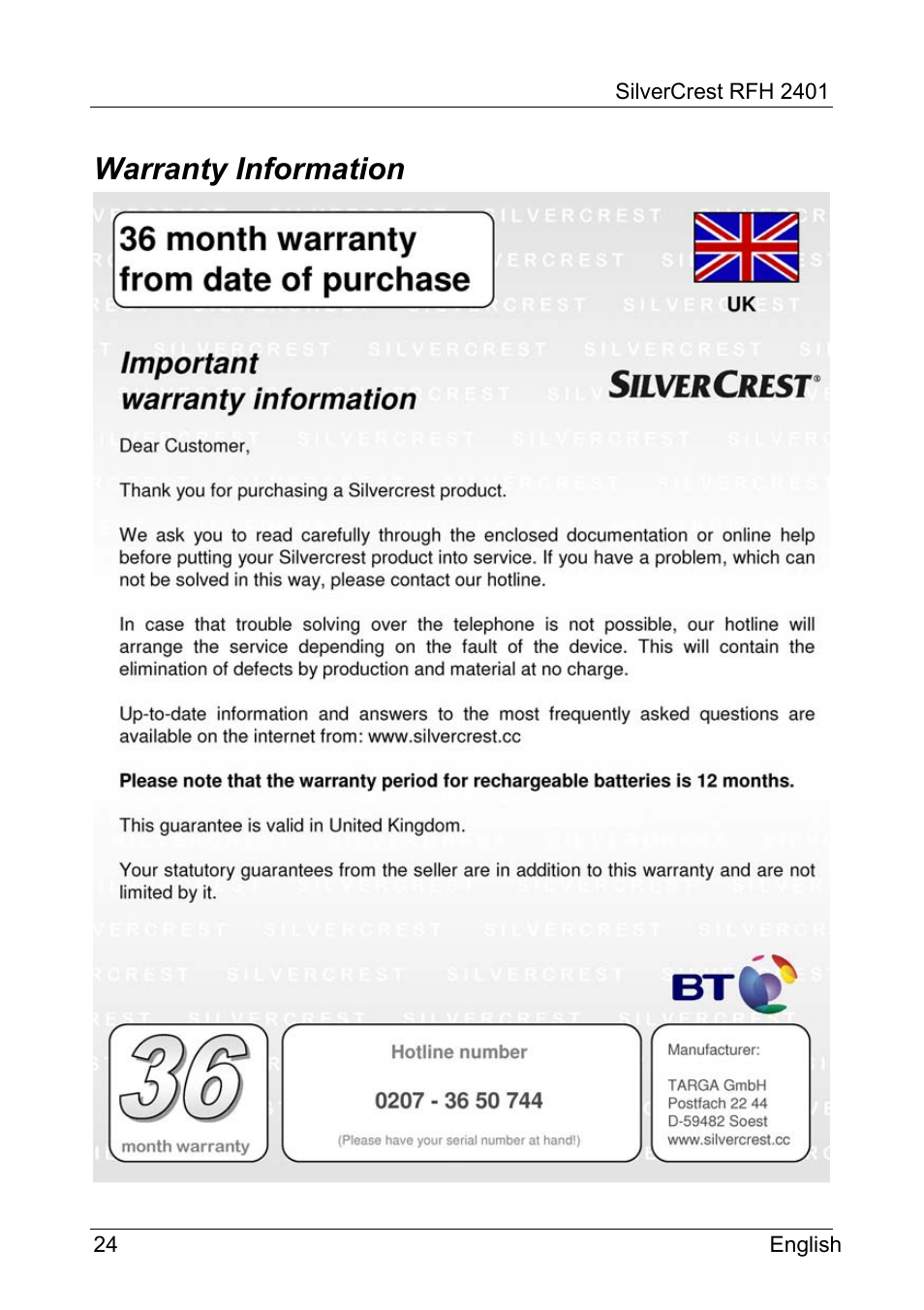Warranty information | Silvercrest RFH 2401 User Manual | Page 26 / 183