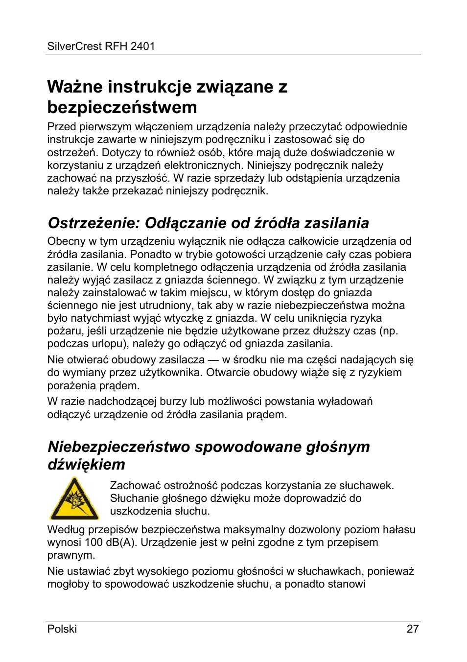 Ważne instrukcje związane z bezpieczeństwem, Ostrzeżenie: odłączanie od źródła zasilania, Niebezpieczeństwo spowodowane głośnym dźwiękiem | Silvercrest RFH 2401 User Manual | Page 29 / 183
