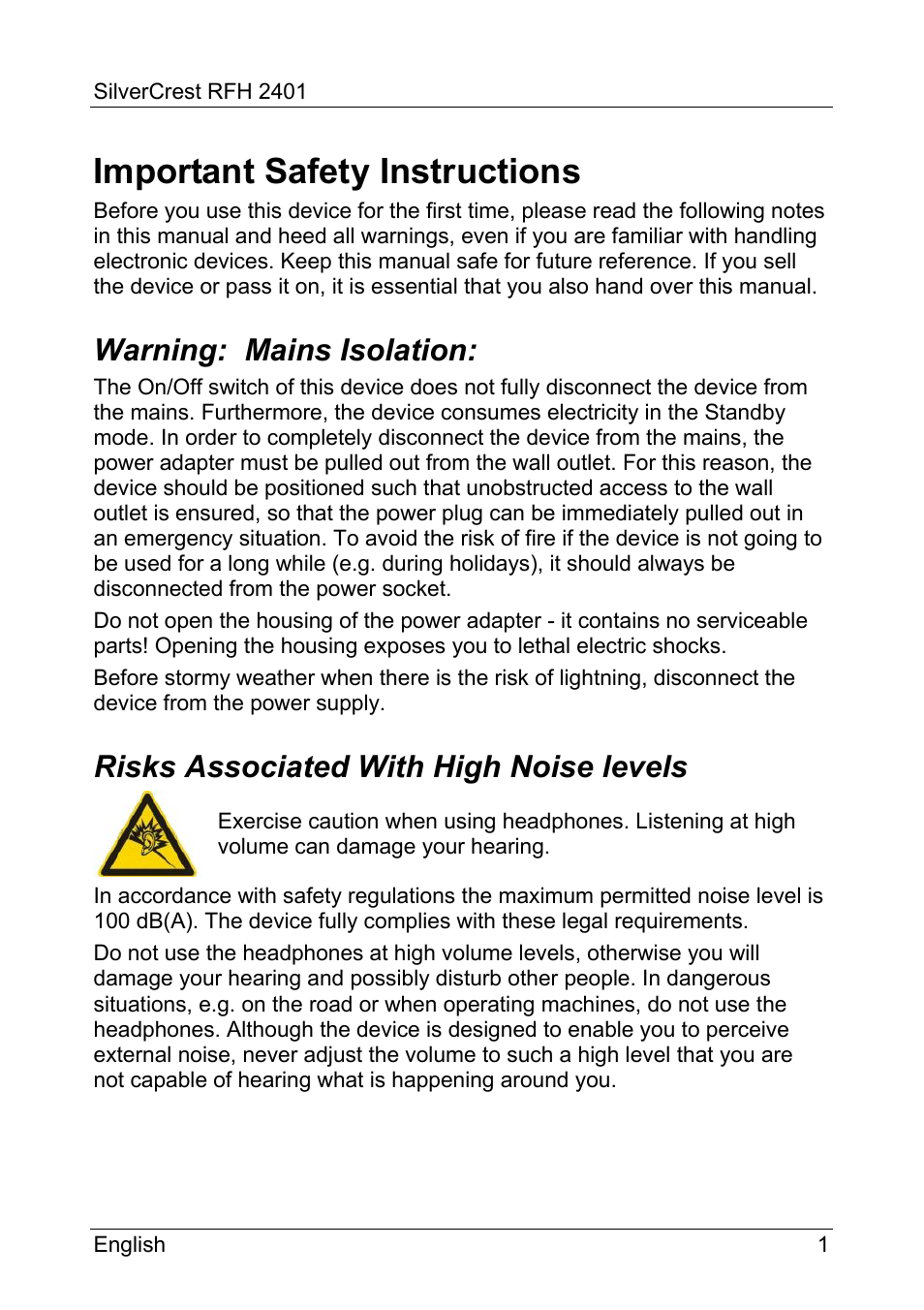 Important safety instructions, Warning: mains isolation, Risks associated with high noise levels | Silvercrest RFH 2401 User Manual | Page 3 / 183