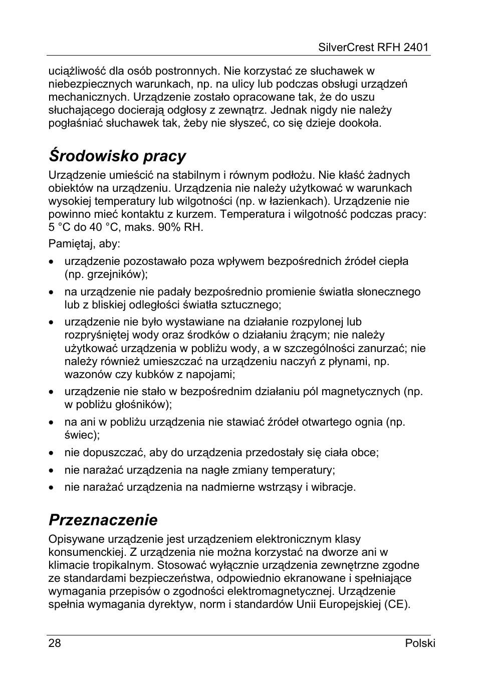 Środowisko pracy, Przeznaczenie | Silvercrest RFH 2401 User Manual | Page 30 / 183