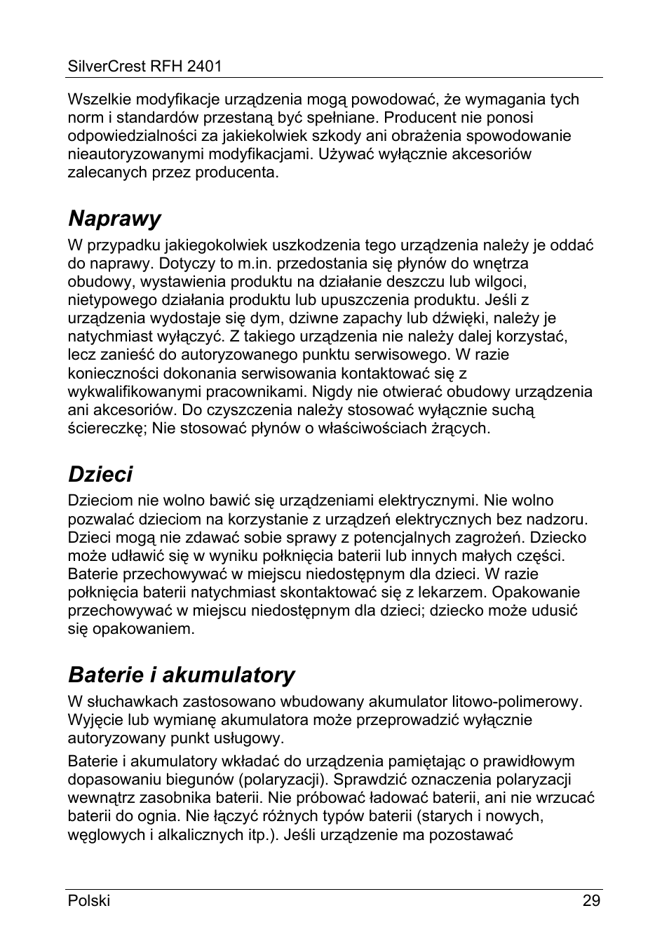 Naprawy, Dzieci, Baterie i akumulatory | Silvercrest RFH 2401 User Manual | Page 31 / 183