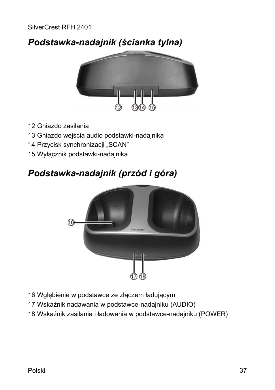Podstawka-nadajnik (ścianka tylna), Podstawka-nadajnik (przód i góra) | Silvercrest RFH 2401 User Manual | Page 39 / 183