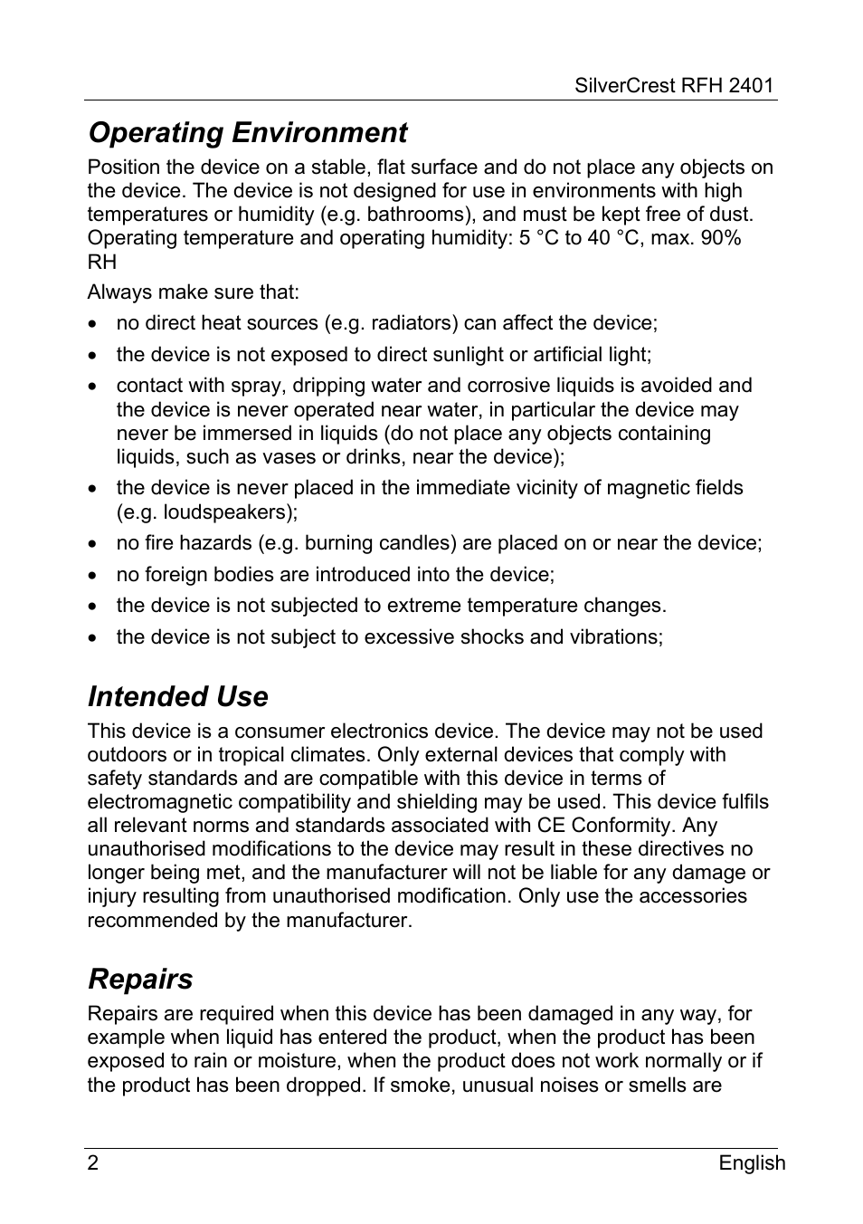 Operating environment, Intended use, Repairs | Silvercrest RFH 2401 User Manual | Page 4 / 183