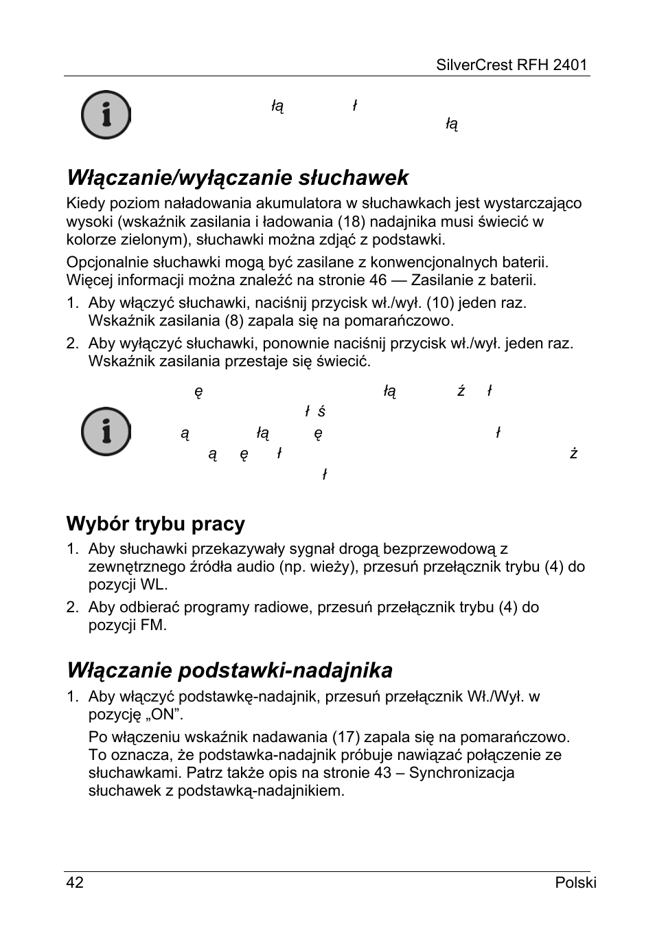 Włączanie/wyłączanie słuchawek, Włączanie podstawki-nadajnika, Wybór trybu pracy | Silvercrest RFH 2401 User Manual | Page 44 / 183