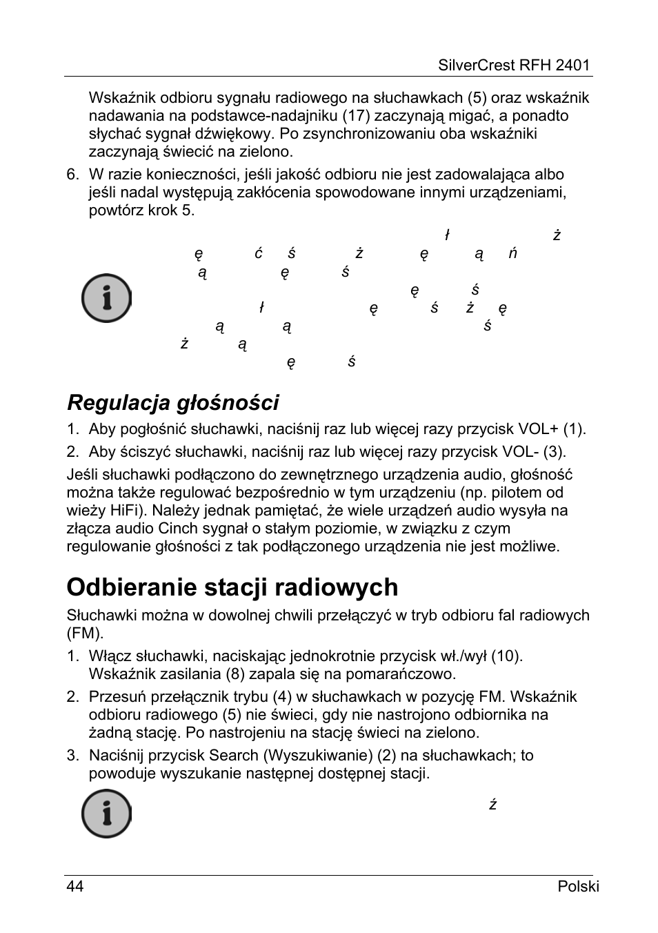 Odbieranie stacji radiowych, Regulacja głośności | Silvercrest RFH 2401 User Manual | Page 46 / 183