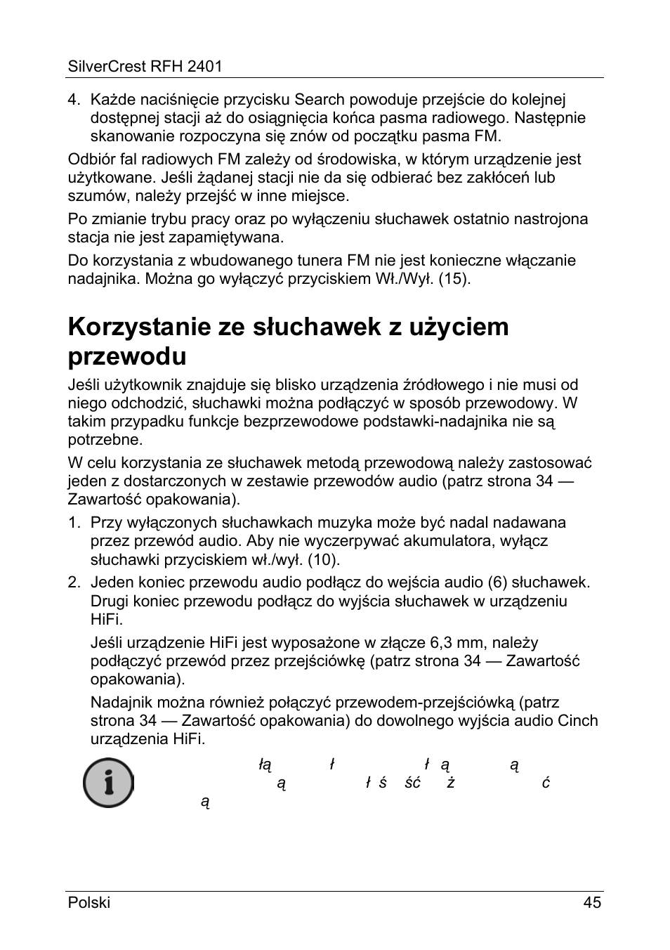 Korzystanie ze słuchawek z użyciem przewodu | Silvercrest RFH 2401 User Manual | Page 47 / 183