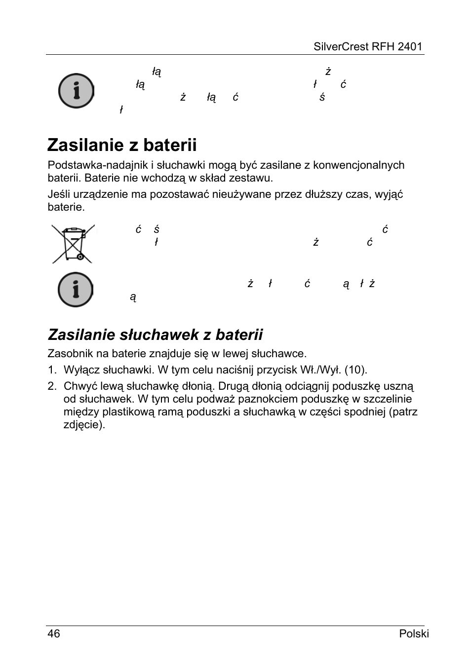Zasilanie z baterii, Zasilanie słuchawek z baterii | Silvercrest RFH 2401 User Manual | Page 48 / 183