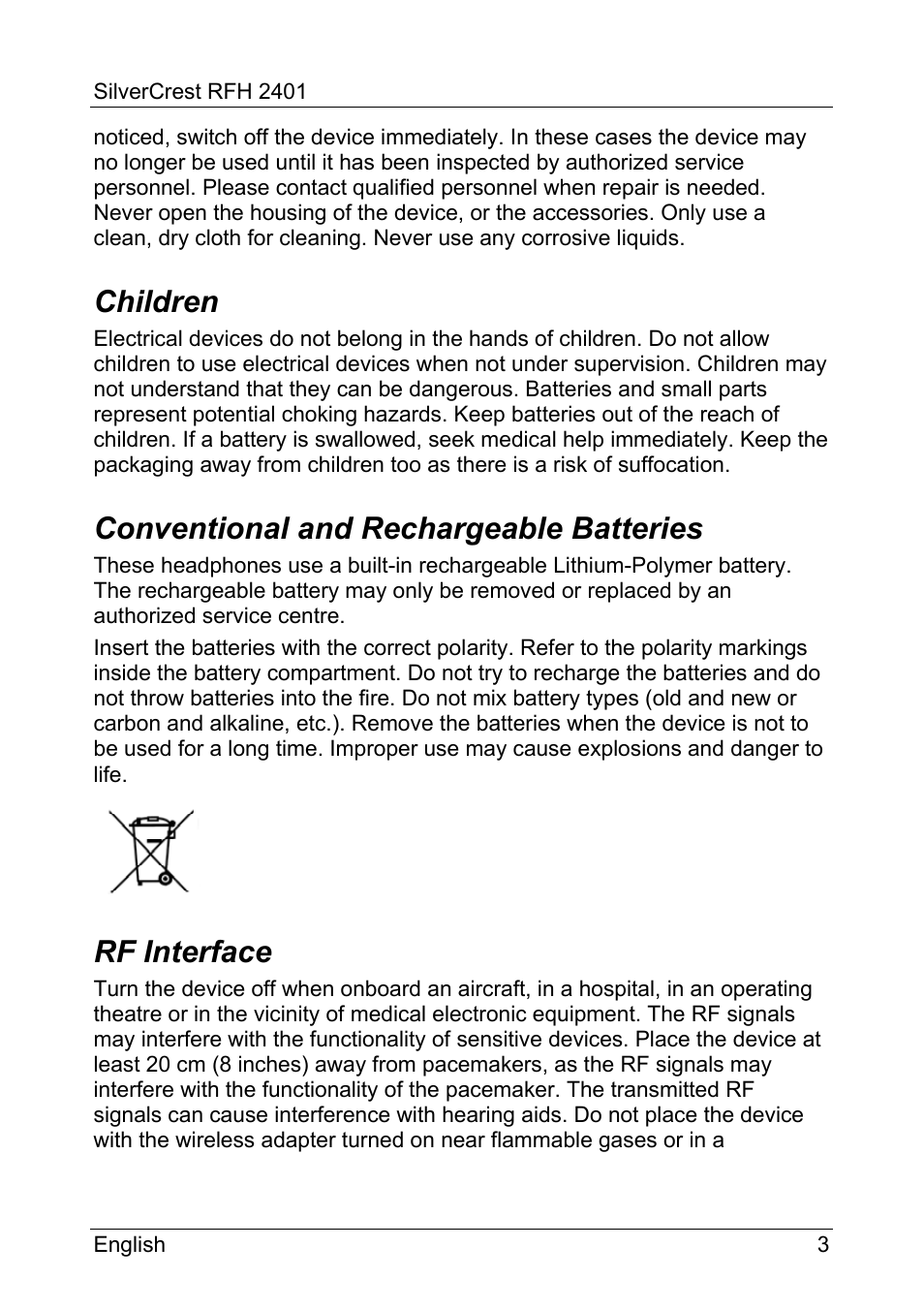 Children, Conventional and rechargeable batteries, Rf interface | Silvercrest RFH 2401 User Manual | Page 5 / 183
