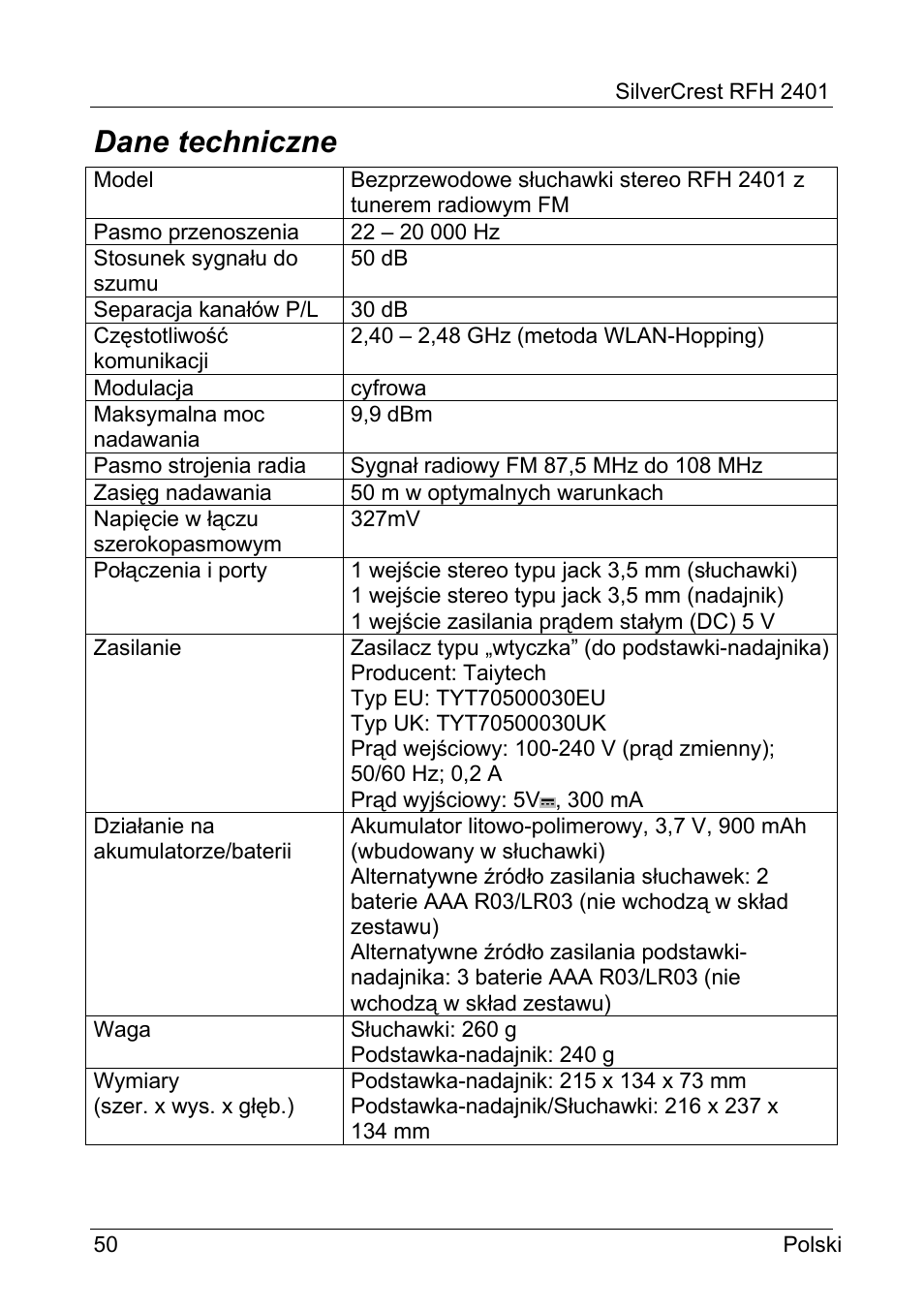 Dane techniczne | Silvercrest RFH 2401 User Manual | Page 52 / 183
