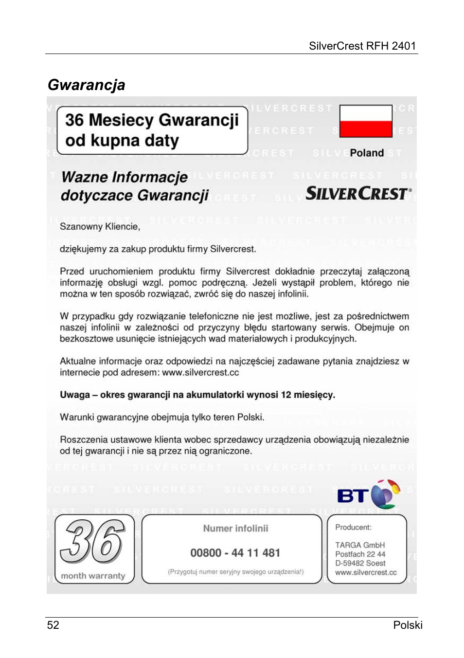 Gwarancja | Silvercrest RFH 2401 User Manual | Page 54 / 183