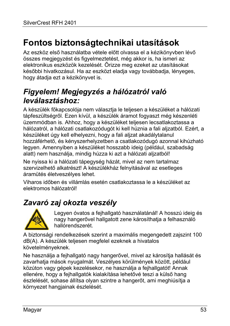 Fontos biztonságtechnikai utasítások, Zavaró zaj okozta veszély | Silvercrest RFH 2401 User Manual | Page 55 / 183