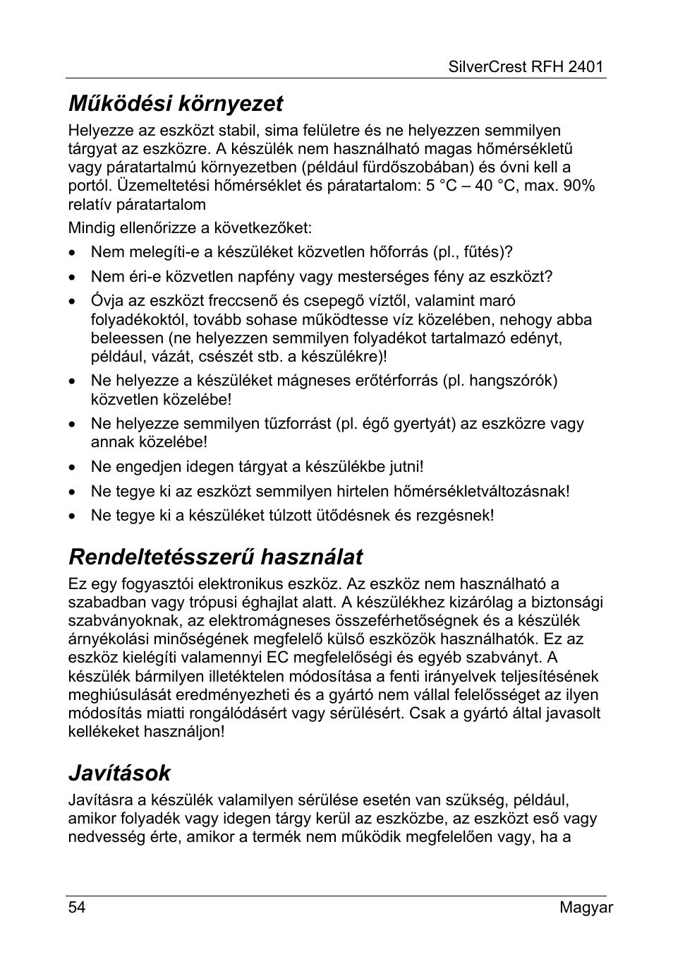 Működési környezet, Rendeltetésszerű használat, Javítások | Silvercrest RFH 2401 User Manual | Page 56 / 183