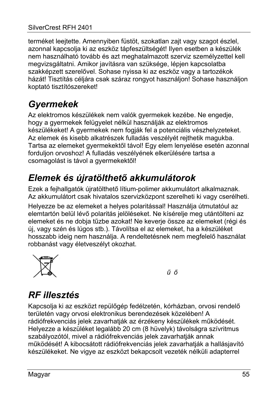 Gyermekek, Elemek és újratölthető akkumulátorok, Rf illesztés | Silvercrest RFH 2401 User Manual | Page 57 / 183