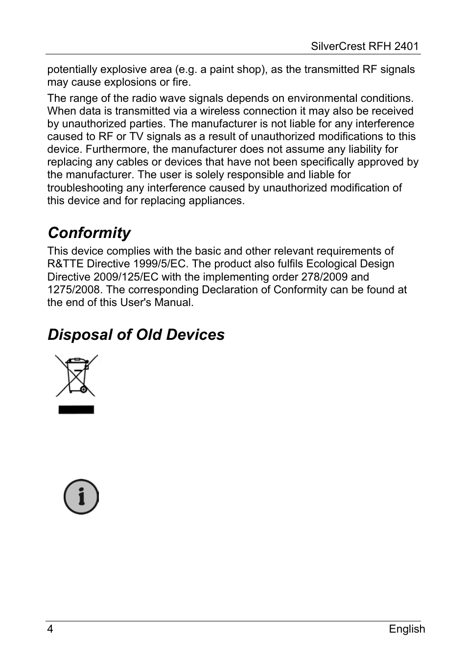 Conformity, Disposal of old devices | Silvercrest RFH 2401 User Manual | Page 6 / 183