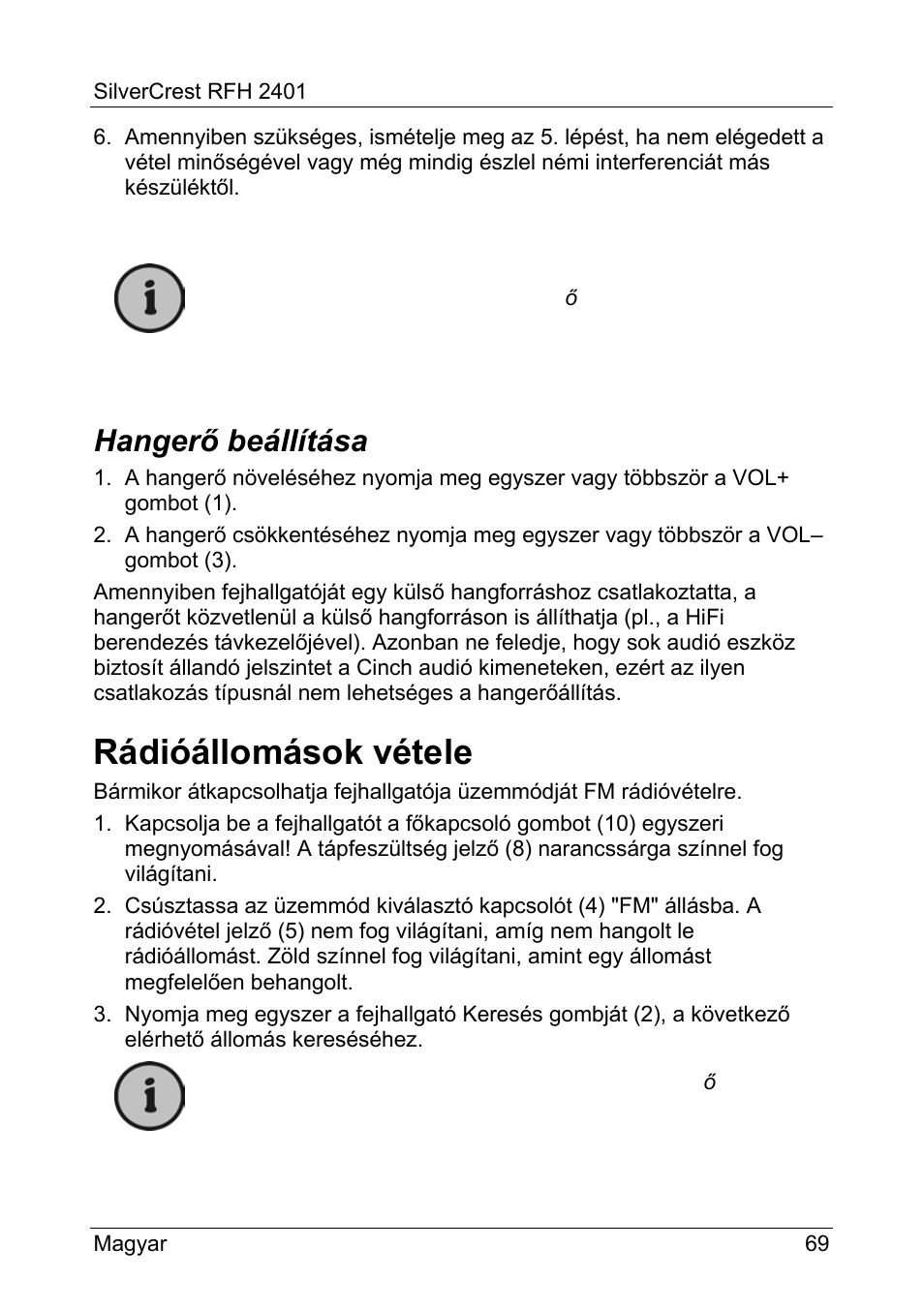 Rádióállomások vétele, Hangerő beállítása | Silvercrest RFH 2401 User Manual | Page 71 / 183