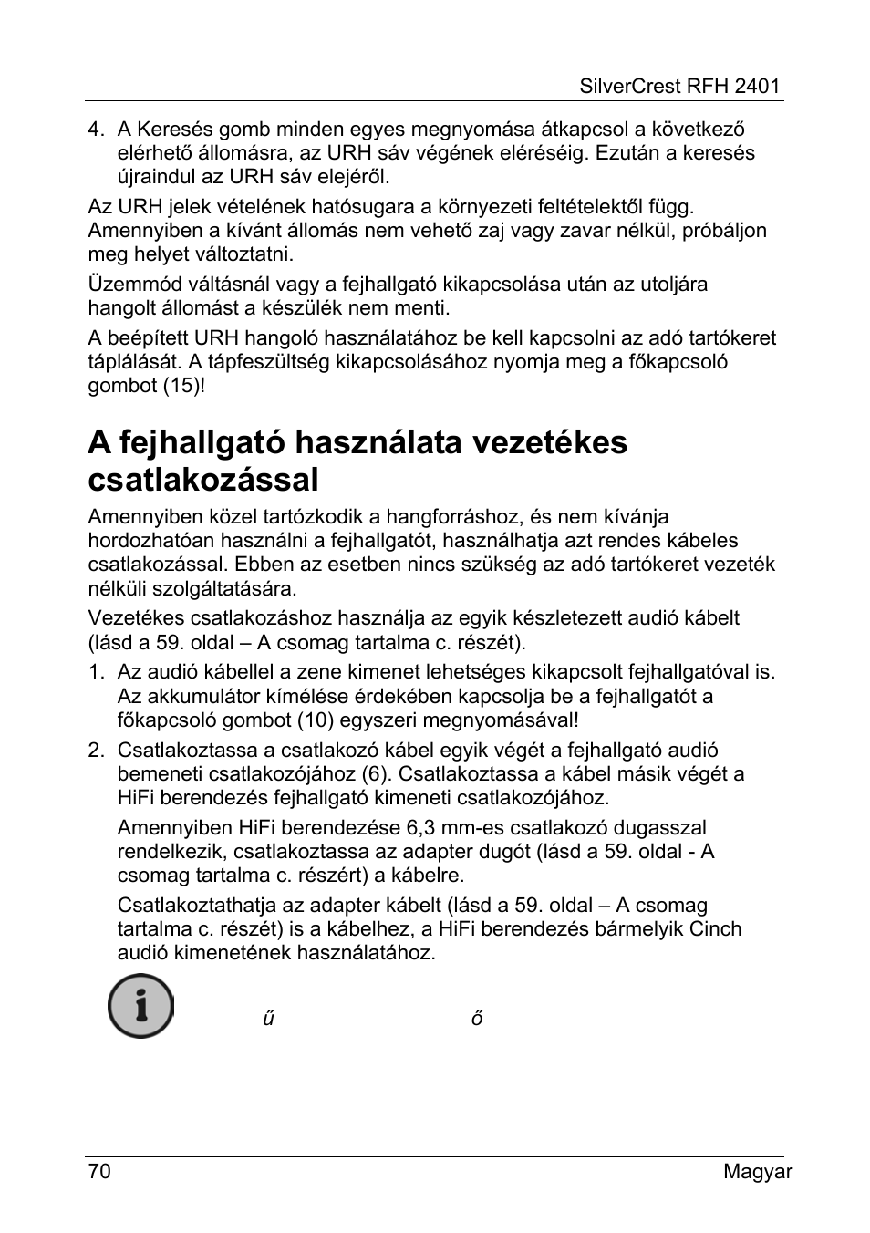 A fejhallgató használata vezetékes csatlakozással | Silvercrest RFH 2401 User Manual | Page 72 / 183