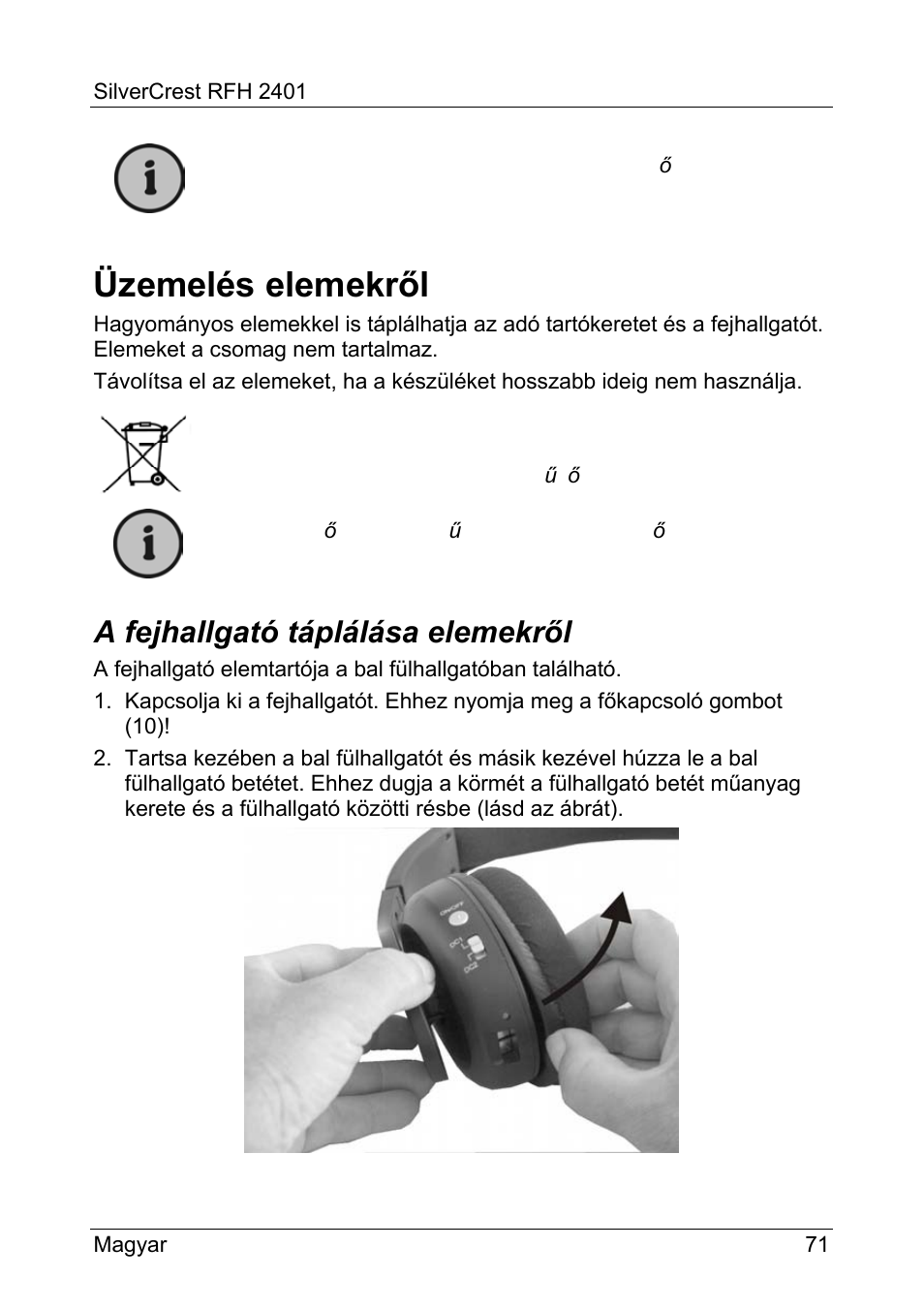 Üzemelés elemekről, A fejhallgató táplálása elemekről | Silvercrest RFH 2401 User Manual | Page 73 / 183