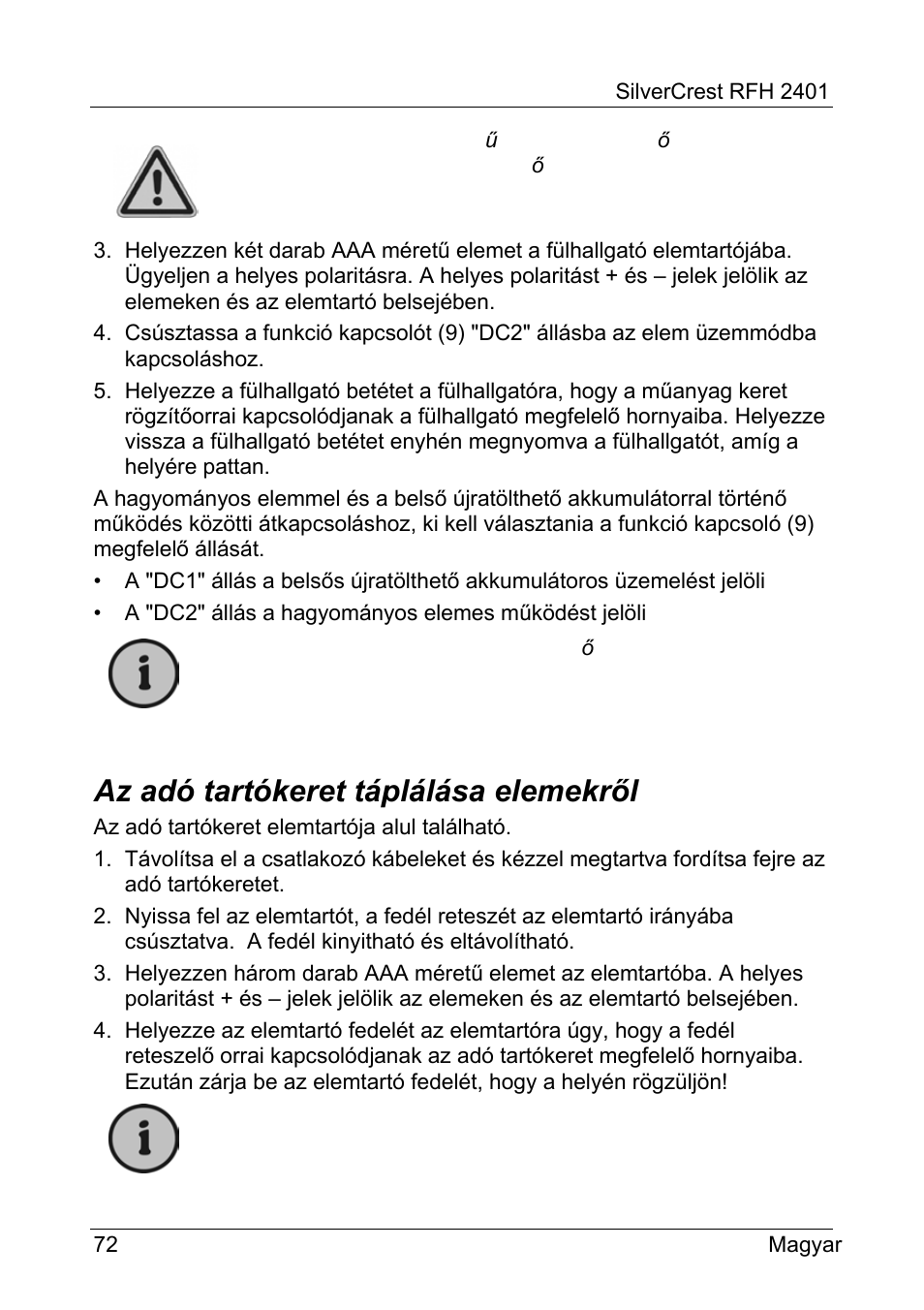 Az adó tartókeret táplálása elemekről | Silvercrest RFH 2401 User Manual | Page 74 / 183