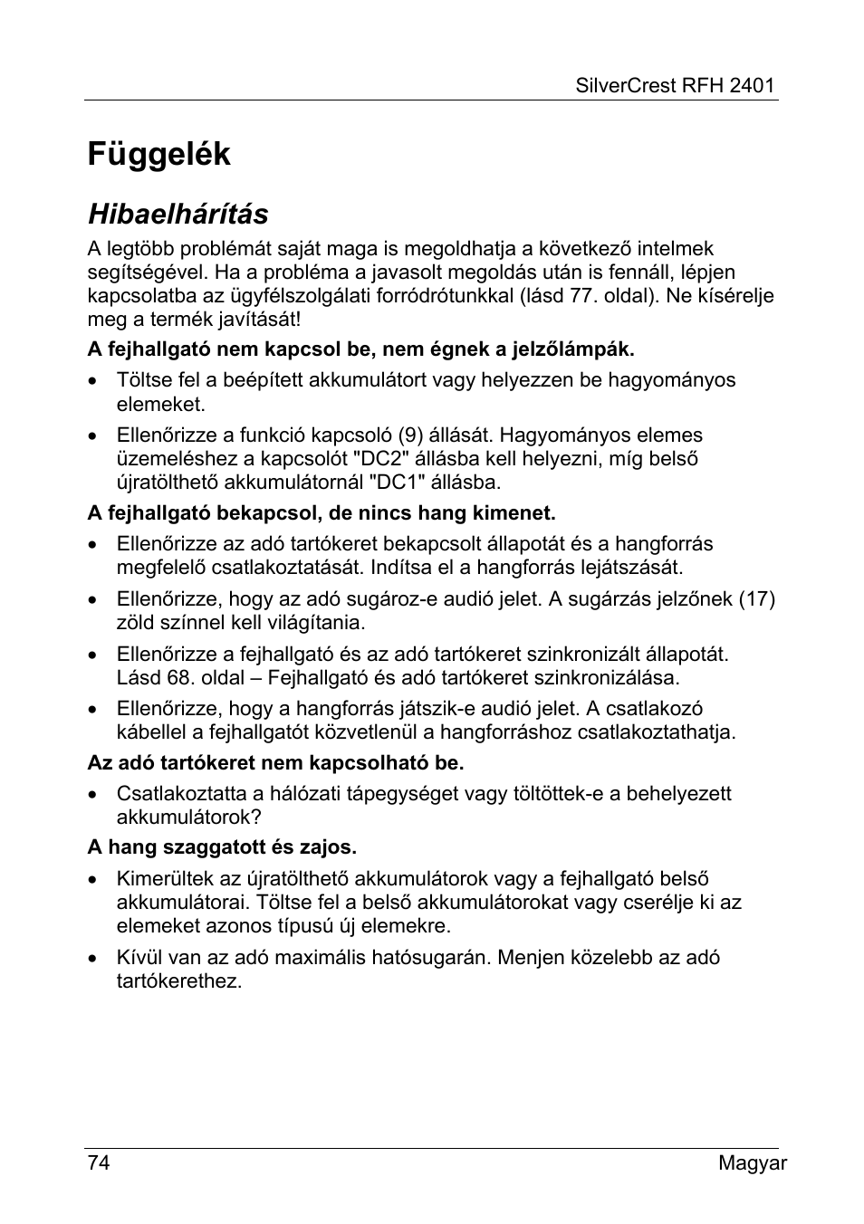 Függelék, Hibaelhárítás | Silvercrest RFH 2401 User Manual | Page 76 / 183