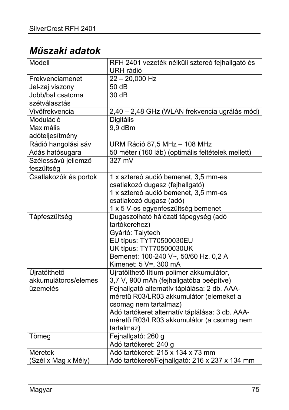 Műszaki adatok | Silvercrest RFH 2401 User Manual | Page 77 / 183