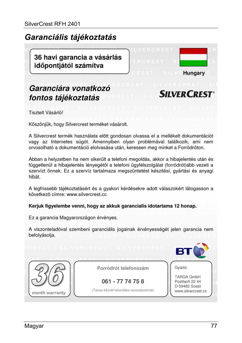 Garanciális tájékoztatás | Silvercrest RFH 2401 User Manual | Page 79 / 183