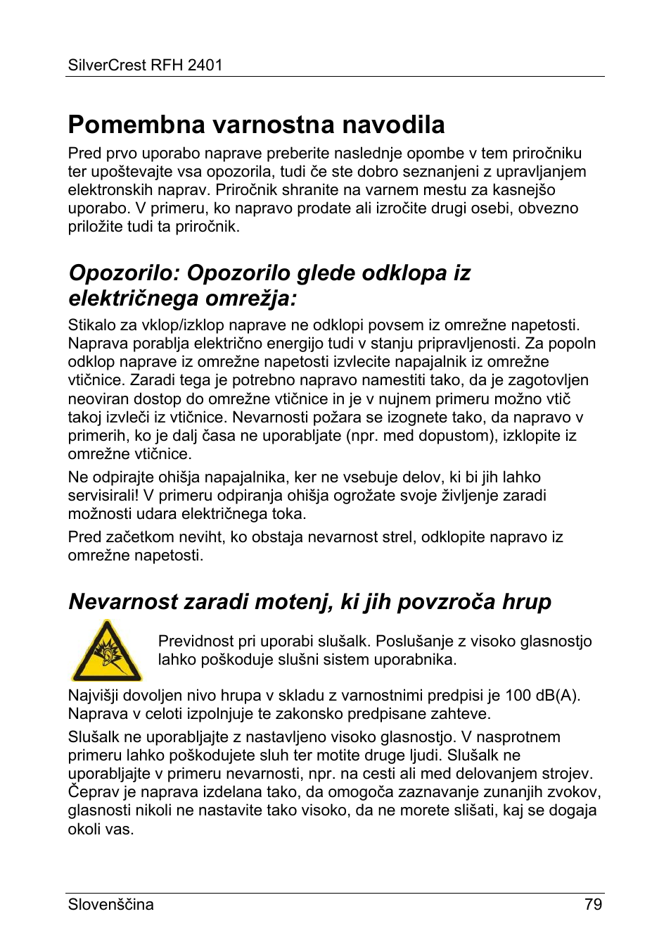 Pomembna varnostna navodila, Nevarnost zaradi motenj, ki jih povzroča hrup | Silvercrest RFH 2401 User Manual | Page 81 / 183