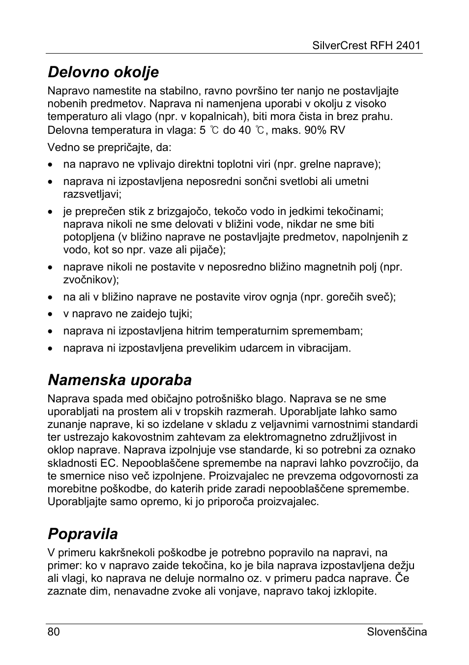 Delovno okolje, Namenska uporaba, Popravila | Silvercrest RFH 2401 User Manual | Page 82 / 183