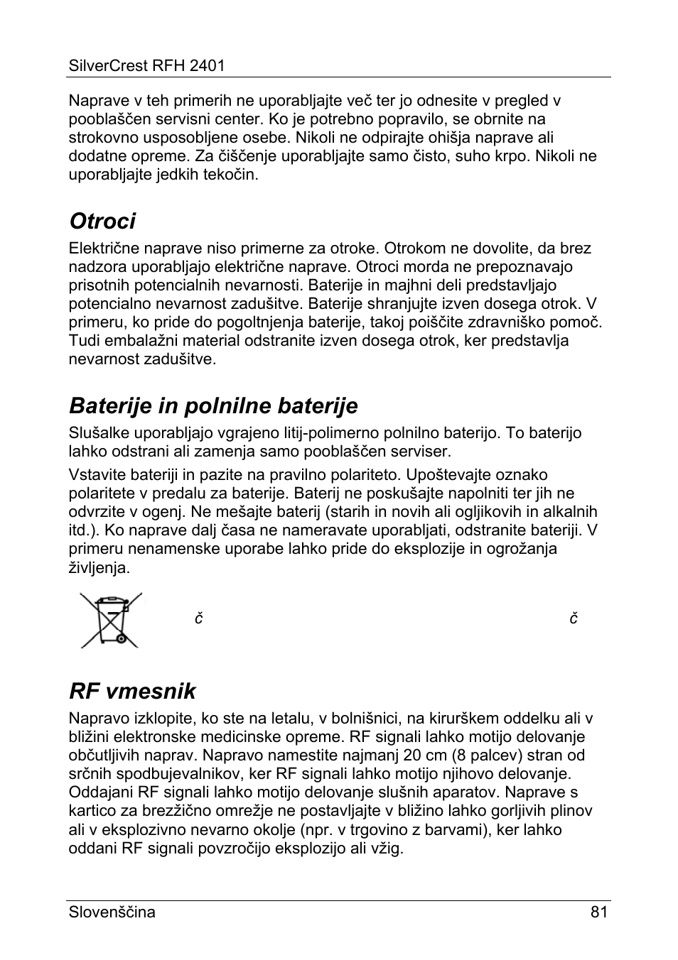 Otroci, Baterije in polnilne baterije, Rf vmesnik | Silvercrest RFH 2401 User Manual | Page 83 / 183