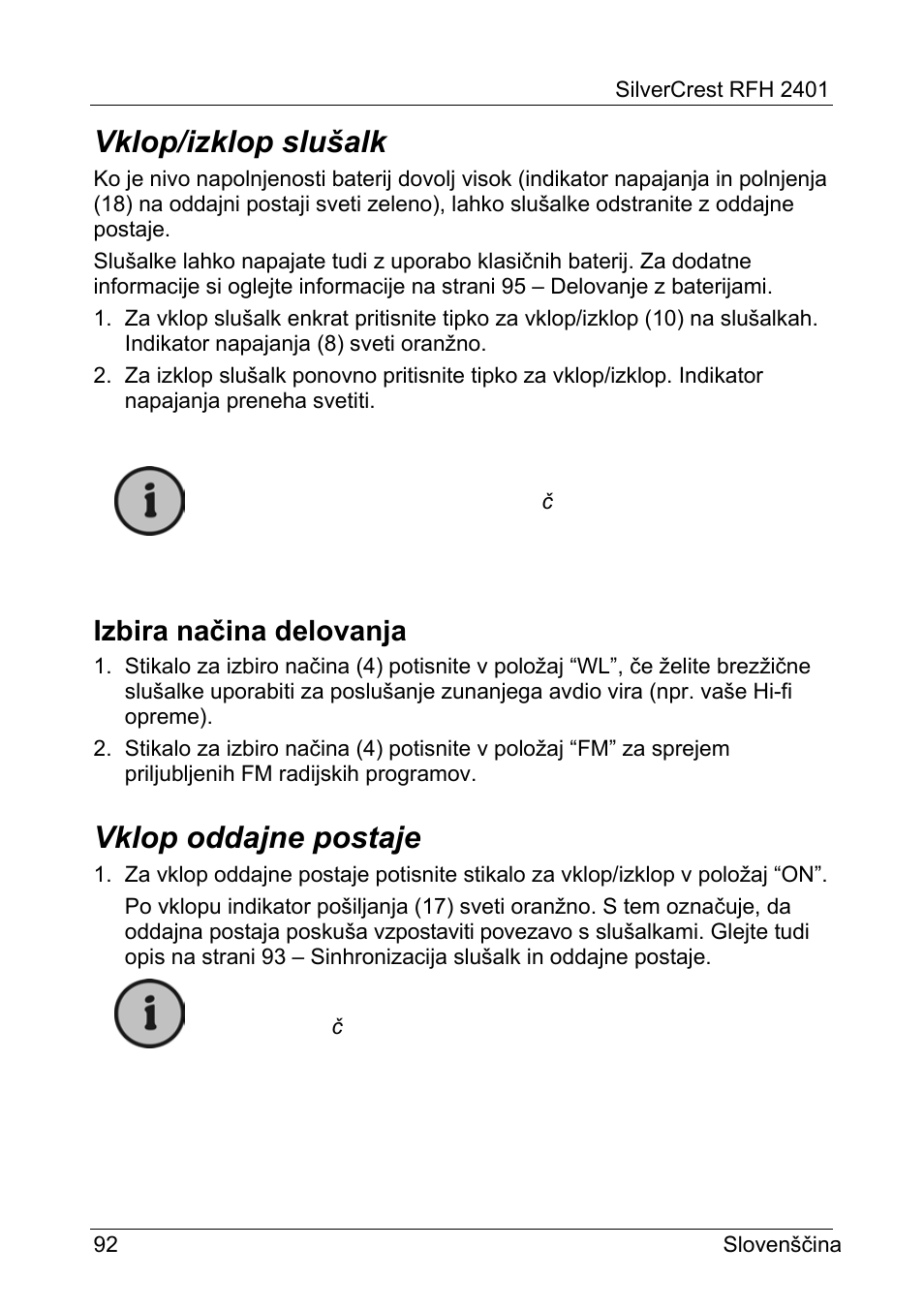 Vklop/izklop slušalk, Vklop oddajne postaje, Izbira načina delovanja | Silvercrest RFH 2401 User Manual | Page 94 / 183