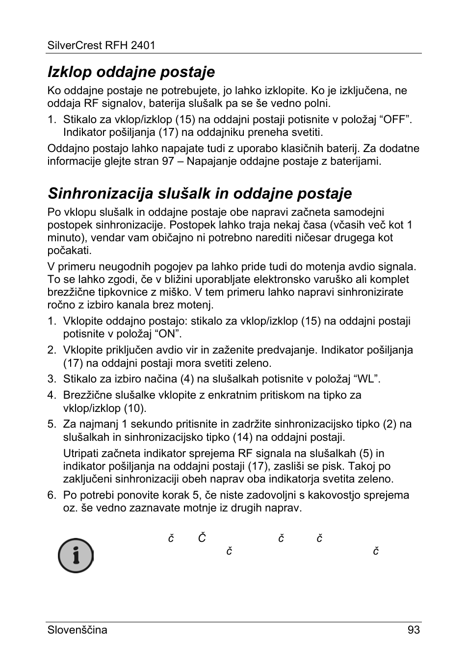 Izklop oddajne postaje, Sinhronizacija slušalk in oddajne postaje | Silvercrest RFH 2401 User Manual | Page 95 / 183
