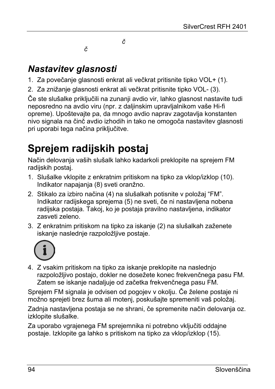 Sprejem radijskih postaj, Nastavitev glasnosti | Silvercrest RFH 2401 User Manual | Page 96 / 183