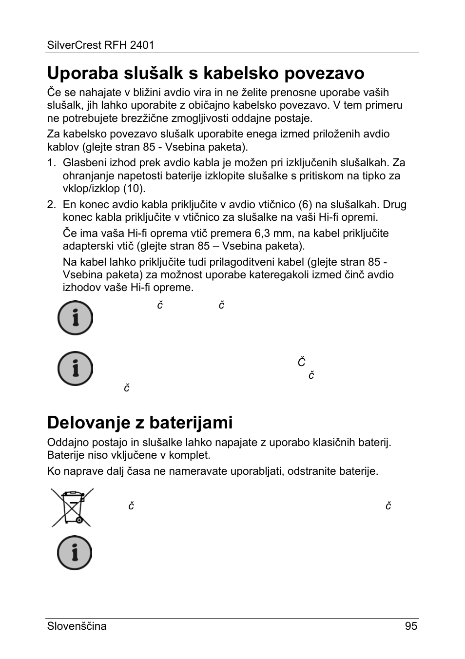 Uporaba slušalk s kabelsko povezavo, Delovanje z baterijami | Silvercrest RFH 2401 User Manual | Page 97 / 183